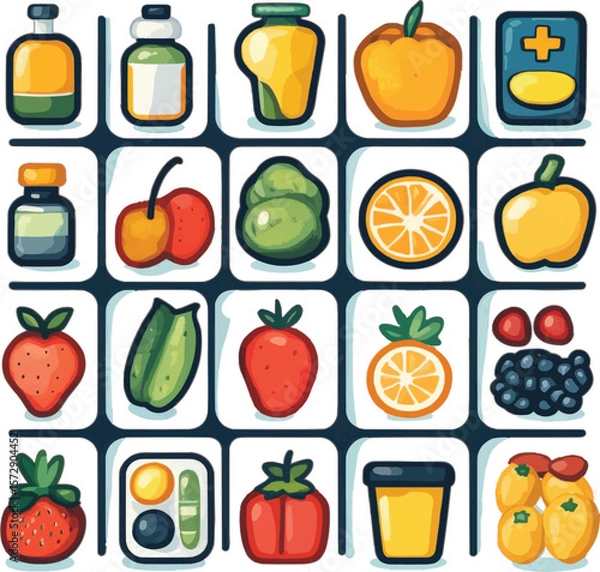 Fototapeta Nutrient Treasures: An enticing collection of essential vitamins, capsules, and healthy produce, each meticulously crafted in an illustrative style.