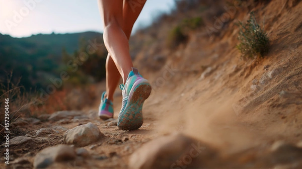 Fototapeta Trail Running On Mountain Path During Golden Hour