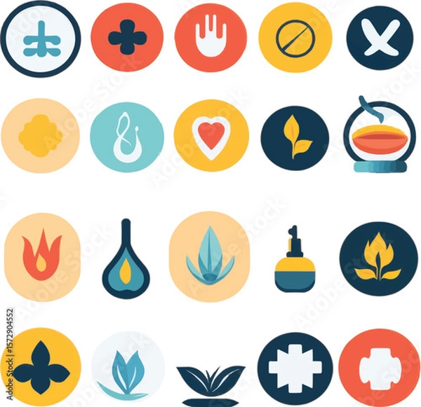 Fototapeta Holistic Icons: A curated selection of vibrant icons, designed in a modern and minimalist style, each with a unique emblem. They represent the essence of different concepts and ideas.