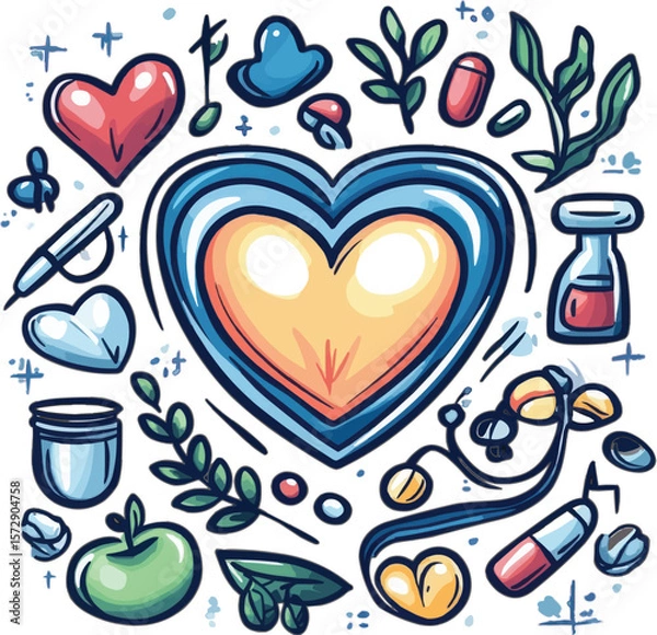 Fototapeta Vitality in Harmony: An artistic collection of symbolic elements radiates energy, with a striking central heart as the focal point, inviting contemplation on well-being. 