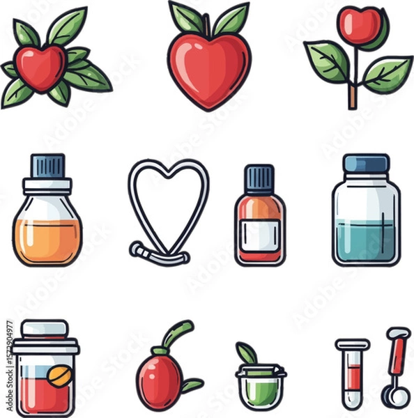 Fototapeta Health and Wellness Icon Set: Vibrant and symbolic, this collection showcases essential elements for health and wellness with bold and friendly illustration.