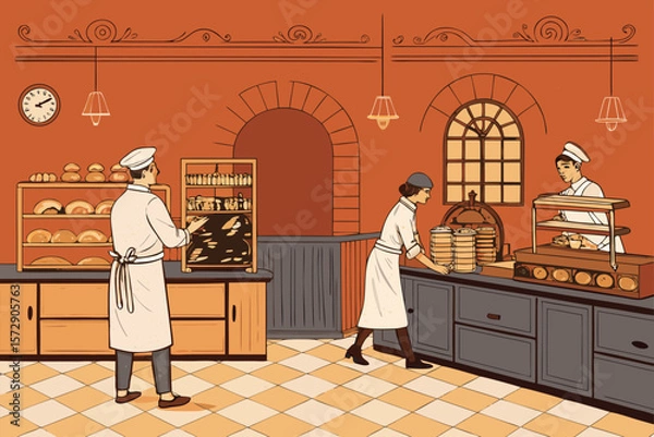 Fototapeta A vintage vector illustration depicting bakers in old-fashioned uniforms working in a traditional bakery.