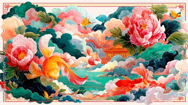 Obraz a colorful and intricate piece of art featuring goldfish swimming in a pond surrounded by lush, blooming peonies and vibrant clouds. The scene is set against a background of a Chinese building.