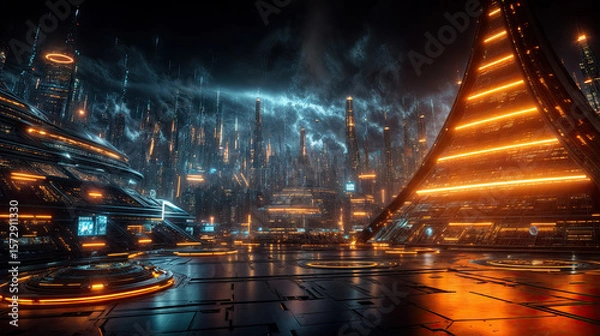 Obraz a futuristic cityscape at night, with tall, illuminated skyscrapers and modern, sleek buildings adorned with bright lights. The scene is set against a dark sky, creating a dramatic and technologically
