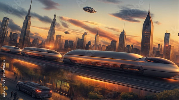 Obraz a futuristic cityscape with high-rise buildings, flying cars, and advanced transportation systems, including sleek maglev trains and a futuristic ship in the sky. The sunset casts a warm glow.