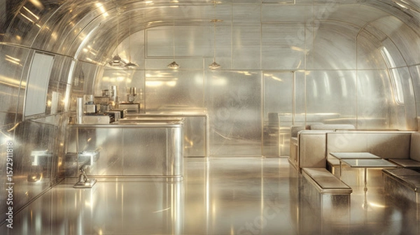 Obraz a modern, futuristic interior with metallic walls and a glossy floor, featuring sleek, stainless steel furniture, a bar counter, and hanging pendant lights.