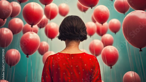 Obraz a person wearing a red dress from the back, standing against a background filled with red balloons.