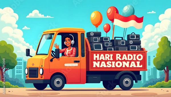Fototapeta A vibrant and colorful illustration depicting a festive National Radio Day celebration in Indonesia