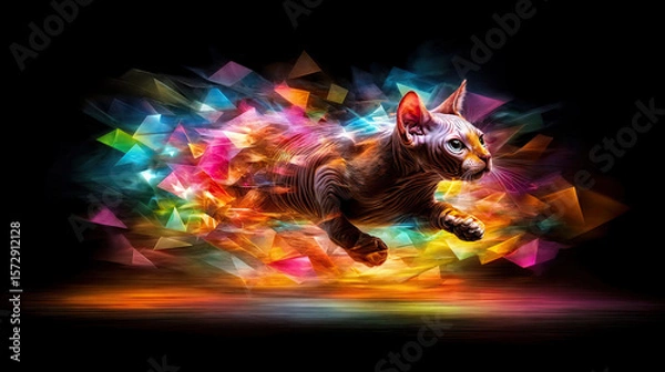 Obraz a vibrant, colorful abstract artwork featuring a cat in a dynamic, running pose. The background is dark, allowing the bright, multicolored geometric shapes and light effects to stand out.