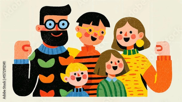 Obraz a colorful illustration of a family of five. The father has a beard and glasses, the mother has blonde hair, and the three children are wearing bright, patterned sweaters. The family is standing close