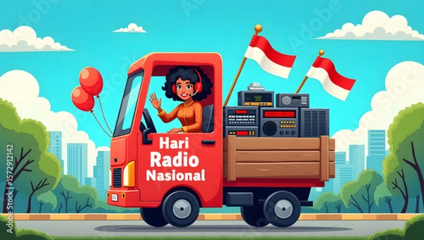 Obraz A vibrant and colorful illustration depicting a festive National Radio Day celebration in Indonesia