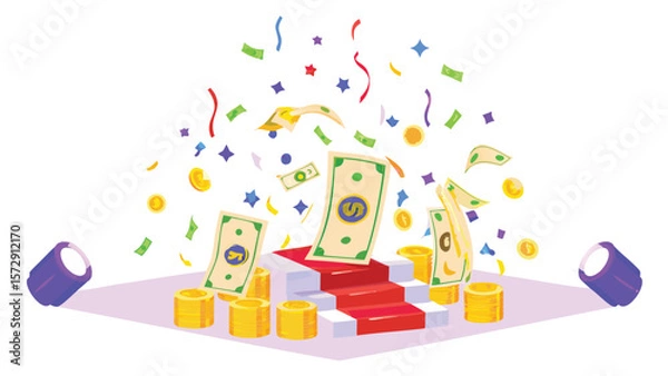 Fototapeta Illustration of a stage with money and confetti falling, illuminated by two spotlights on a white background