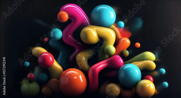 Obraz a vibrant, abstract composition of various colorful, glossy shapes and spheres against a dark background. The shapes appear to be floating and intermingling, creating a dynamic effect.