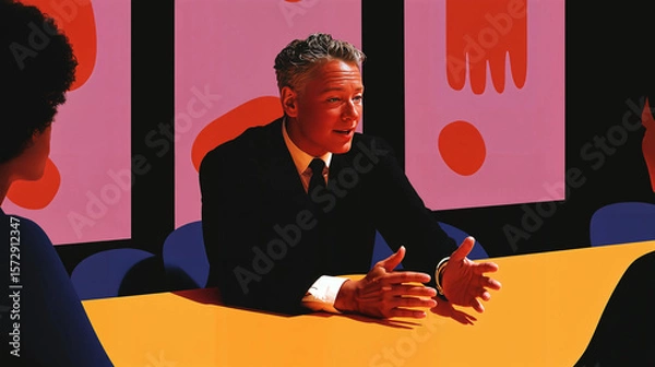 Obraz A person in a suit is sitting at a table with their hands gesturing, surrounded by colorful abstract art on the walls. The setting appears to be a modern, artistic space.