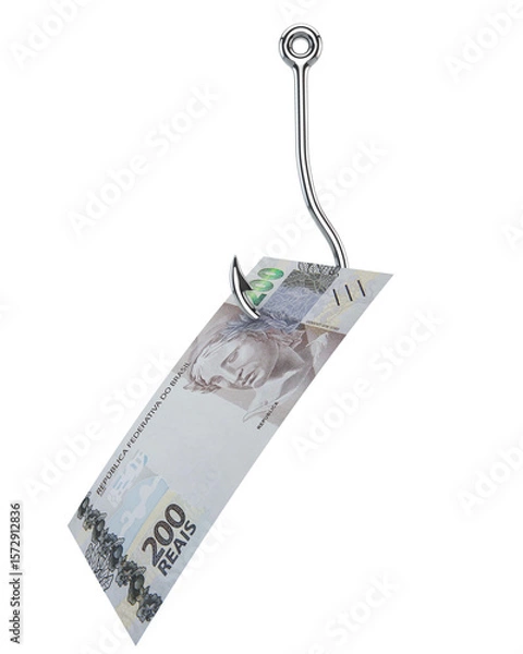 Obraz R$200 Brazilian Money Hooked on a Fishing Hook – Conceptual Image of a Financial Trap..