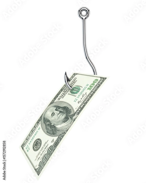 Obraz $100 US Dollar Bill Hooked on a Fishing Hook – Conceptual Image of a Financial Trap