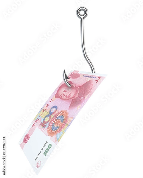 Obraz ¥100 Chinese Yuan Banknote Hooked on a Fishing Hook – Conceptual Image of a Financial Trap..