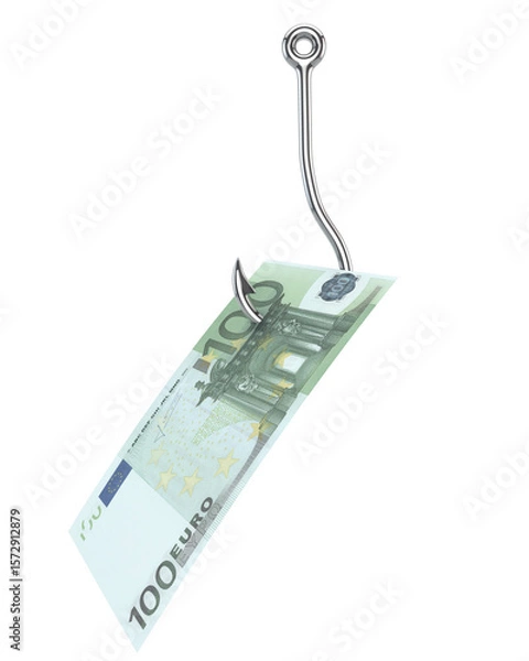 Obraz €100 Euro Banknote Hooked on a Fishing Hook – Conceptual Image of a Financial Trap..