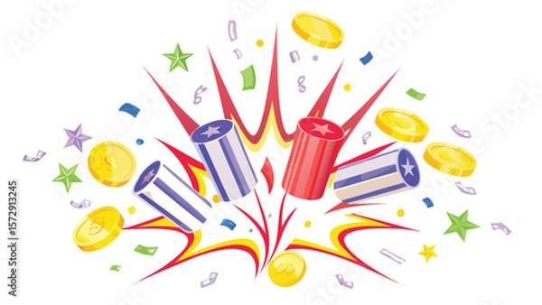 Fototapeta Illustration of exploding party poppers with confetti and gold coins scattered around on white background