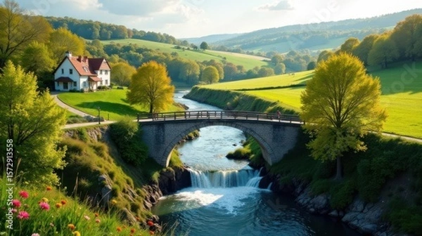Fototapeta Serene Landscape Featuring a Picturesque Stone Arch Bridge Spanning a Cascading River, Adjacent to a Charming Country House Nestled Amidst Lush Green Rolling Hills