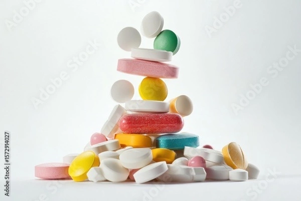 Fototapeta Various colorful pills and capsules stacked in pyramid shape on white background, concept of pharmaceutical balance, medication choice, healthcare complexity, vitamin supplements or drug's. Banner