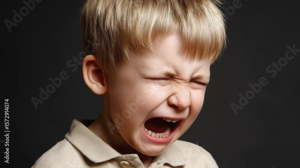 Obraz Young Boy Screaming with Emotion and Frustration Against a Dark Background in a Studio Setting
