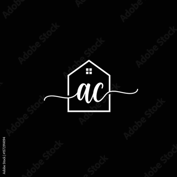 Fototapeta A modern white line art logo displays the elegant 'ac' letters in beautiful script typography, perfectly framed within a house outline on a stark black background.