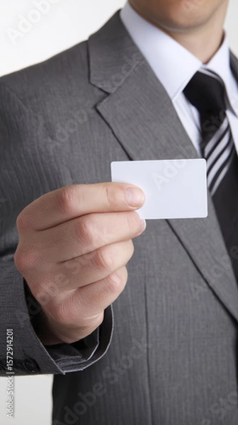Obraz Businessman in Formal Suit Holding Blank Business Card in Office Setting