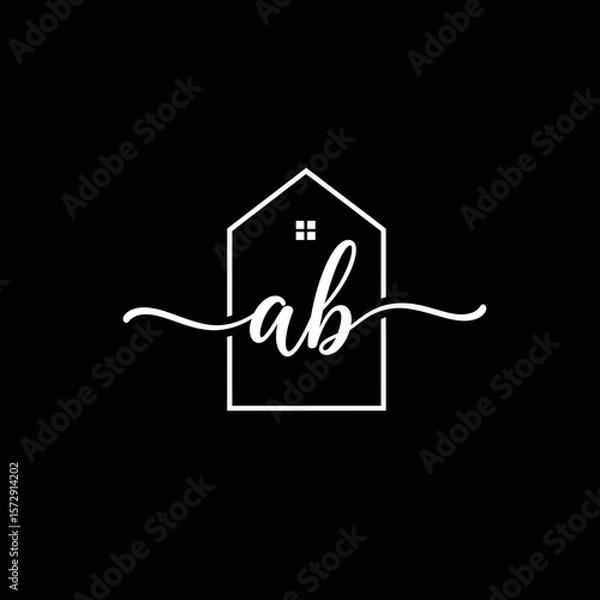 Fototapeta Elegant real estate logo design featuring a stylized house outline and flowing script initials, perfect for branding a modern property business with sophistication.