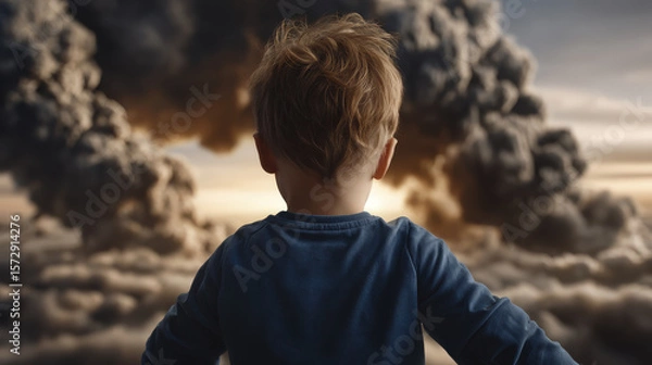 Obraz Child with Curly Hair Gazing at Dramatic Sky Filled with Smoke and Clouds at Sunset from a High Perspective