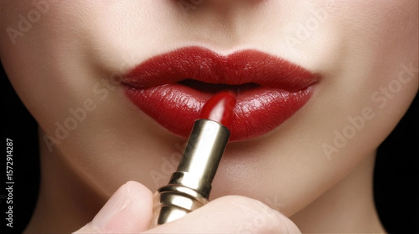 Fototapeta Close Up View of a Woman Applying Red Lipstick to Her Lips with a Glossy Finish Against a Dark Background