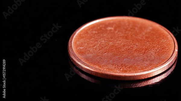 Fototapeta Closeup of a Copper Coin with a Glossy Finish on a Black Background Showcasing Reflection and Texture