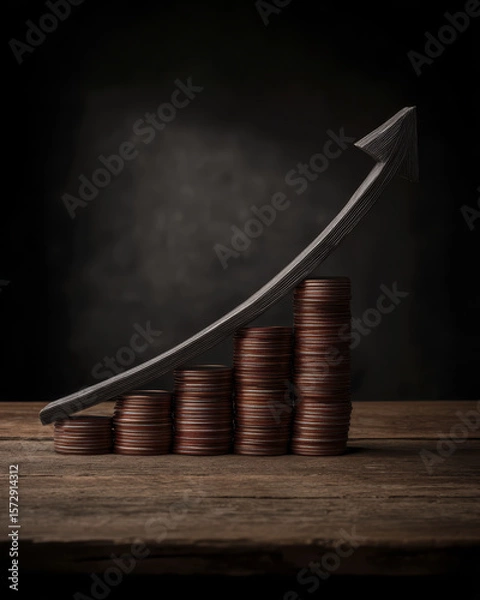 Obraz Coins Stacked in a Bar Chart with a Rising Arrow Symbolizing Financial Growth and Business Success