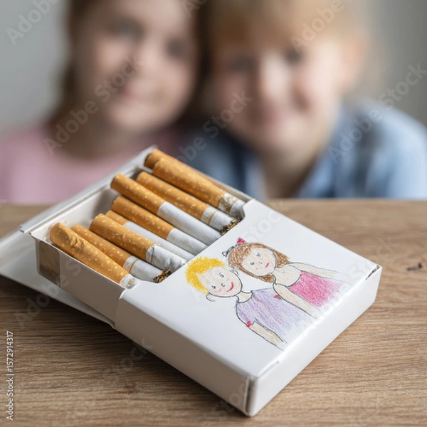 Obraz Colorful Cigarette Box Decorated with Artistic Illustrations Placed on Wooden Table with Children in Soft Focus Background