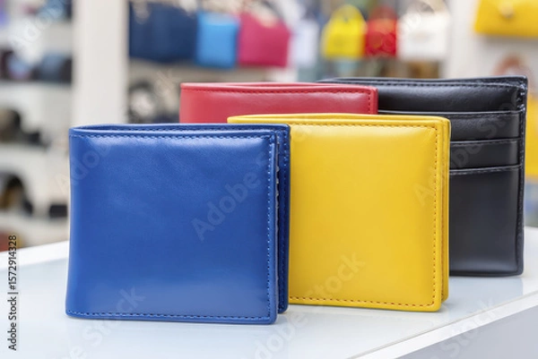 Obraz Colorful Variety of Leather Wallets Displayed in a Retail Boutique Setting with Vibrant Fashion Accessories