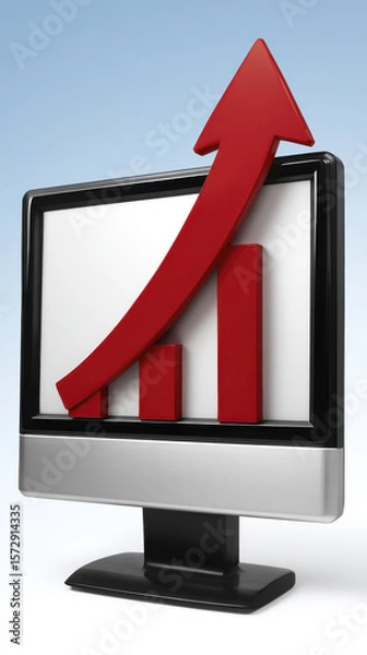 Obraz Computer Monitor Displaying Upward Trend Graph with Red Arrow Indicating Growth in Financial Performance