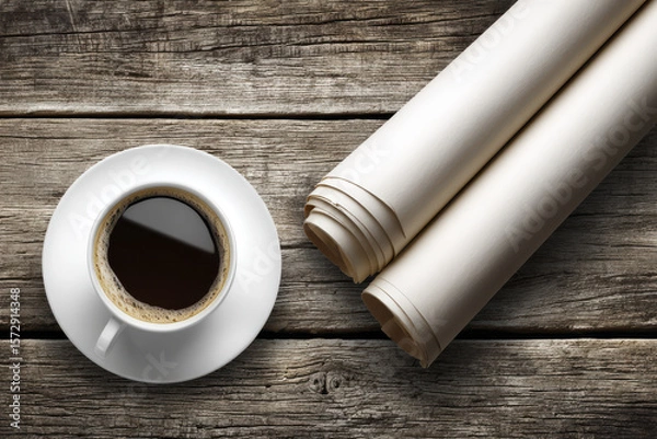 Obraz Cup of Hot Coffee Beside Two Rolls of Paper on a Rustic Wooden Table Surface
