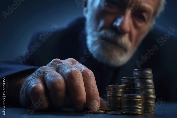 Fototapeta Elderly Man Contemplating Coins on Table While Analyzing Finances in a Dark Environment