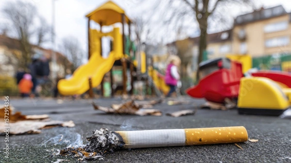 Obraz Discarded Cigarette in a Playground with Children Playing in an Urban Park During Autumn