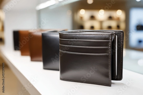 Obraz Elegant Collection of Leather Wallets in Various Colors Displayed on a Retail Counter