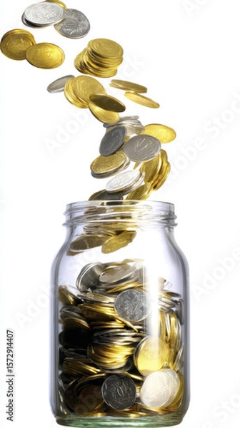 Fototapeta Falling Coins into a Jar Creating a Dramatic Display of Wealth and Savings Representing Financial Growth