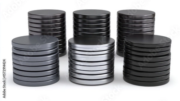 Fototapeta Geometric Arrangement of Metallic Discs in Varied Shades Stacked Neatly on a White Background