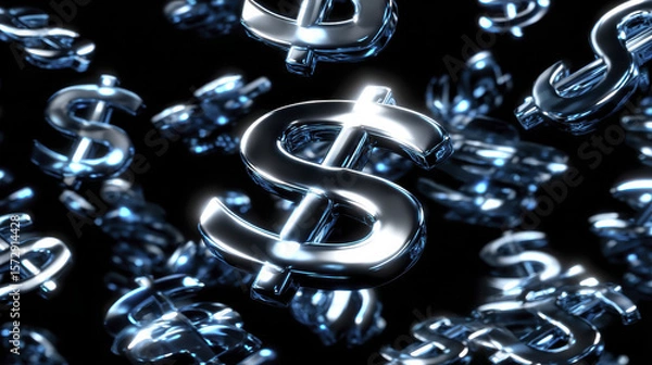 Obraz Floating Metallic Dollar Symbols in Dark Space Representing Finance and Wealth in Abstract Conceptual Illustration