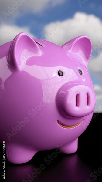 Obraz Glossy Pink Piggy Bank with Happy Expression Against a Bright Sky and Cloud Background