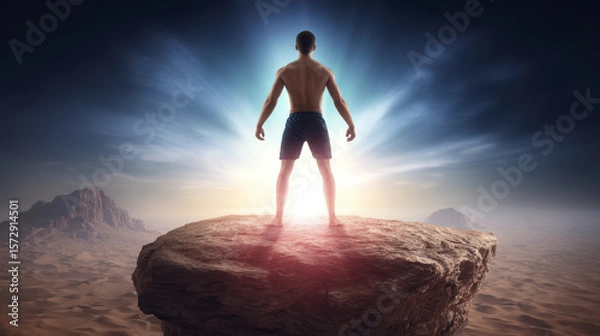 Fototapeta Man Standing on Rock Formation at Sunrise with Dramatic Light Rays in Serene Desert Landscape