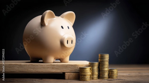 Obraz Piggy Bank Surrounded by Stacked Coins Representing Savings and Financial Growth in a Dark Atmosphere
