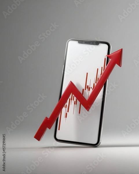 Obraz Smartphone Displaying Increasing Growth Graph with Red Arrow Indicating Positive Business Trends and Financial Success