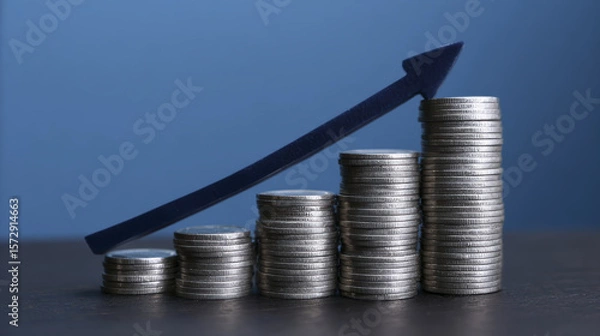 Obraz Stack of Coins Representing Financial Growth and Investment Strategy with Arrow Indicator on Blue Background