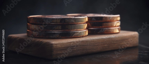 Obraz Stack of Shiny Copper Coins on a Wooden Surface Against a Dark Background