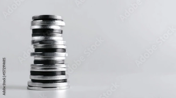 Obraz Stack of Silver Coins Isolated on a White Background Representing Wealth and Investment in Finance